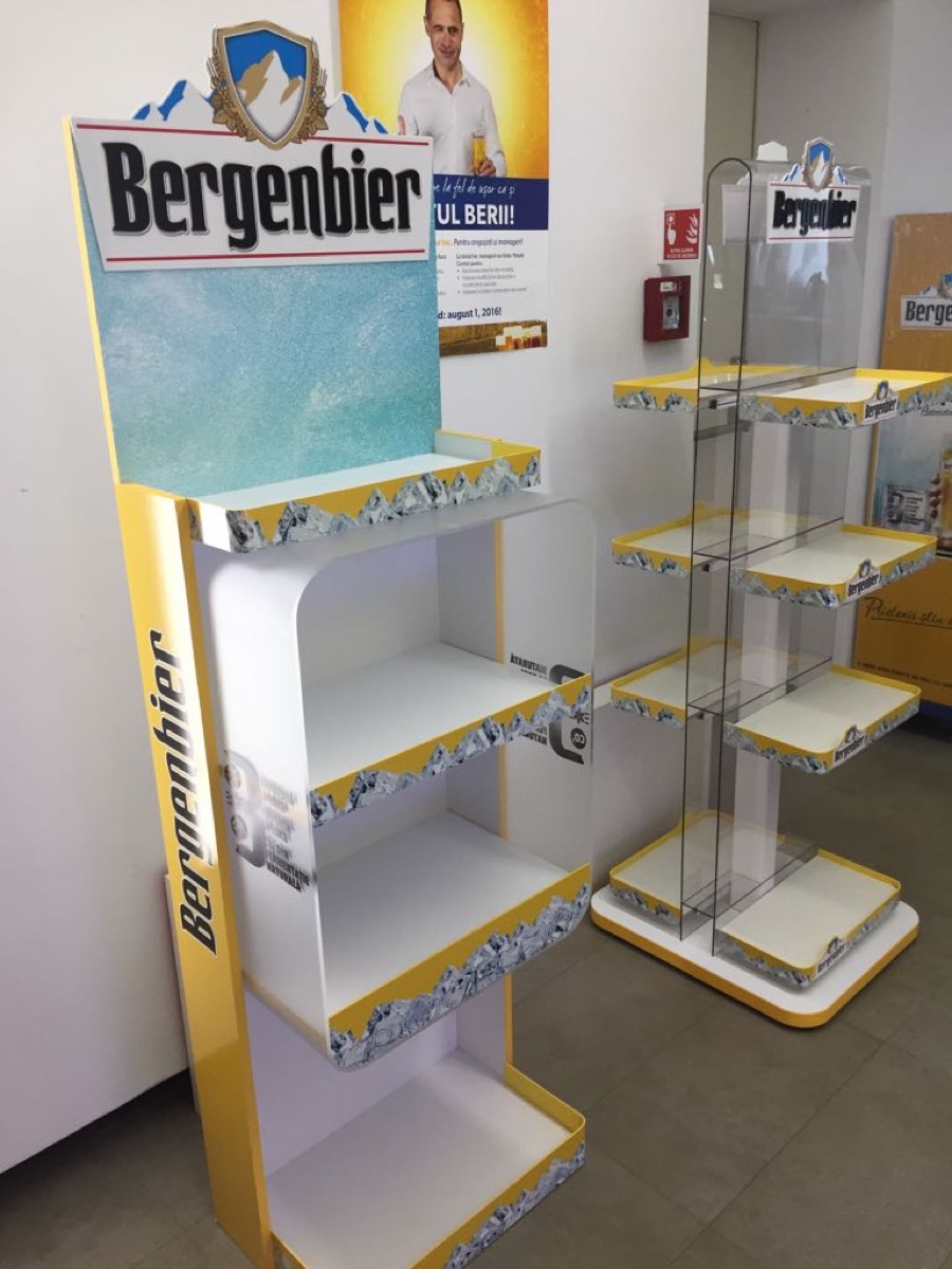 Bergenbier branded floor display and shelving unit